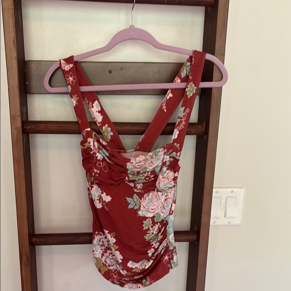 Free People Red Ruched Sleeveless Tank Top